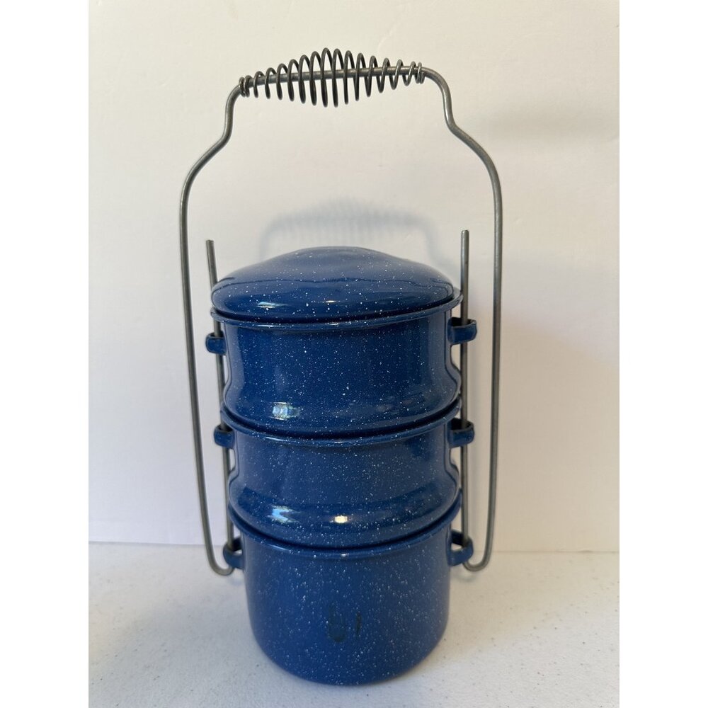 Blue white speckled enamel tiffin vintage antique lunchbox enamelware 3 cobalt